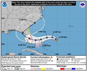 Map showing path of Subtropical Storm Nicole