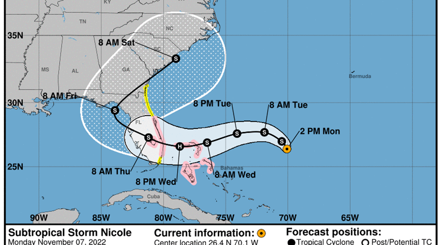 Map showing path of Subtropical Storm Nicole