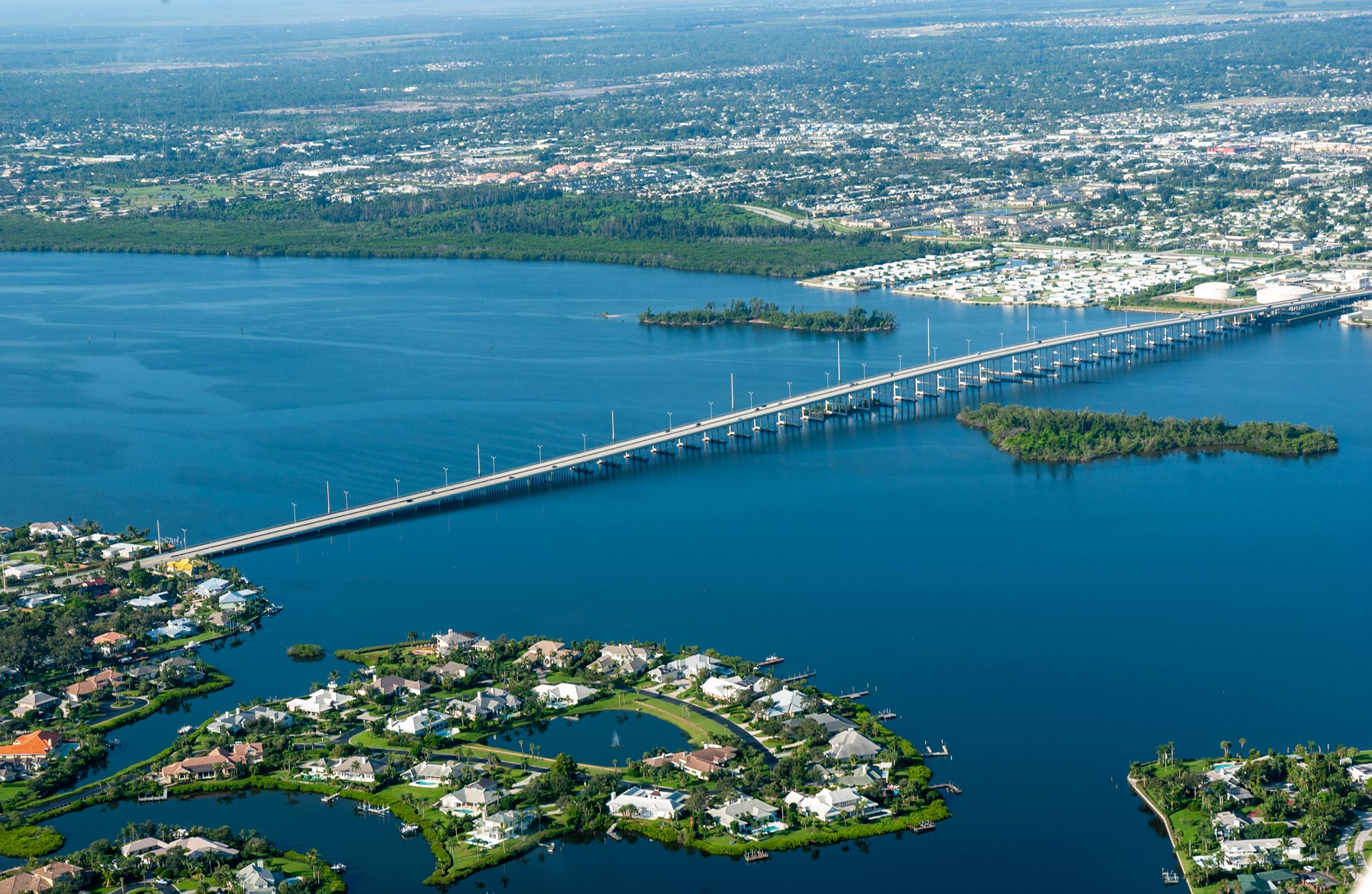 Aerial view of a bridge in the lagoon