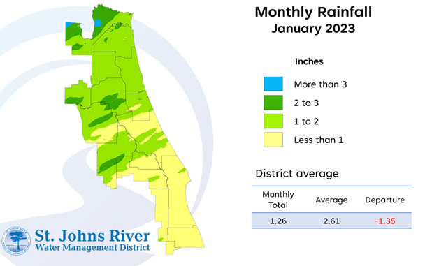 Map and table showing rainfall in January 2023