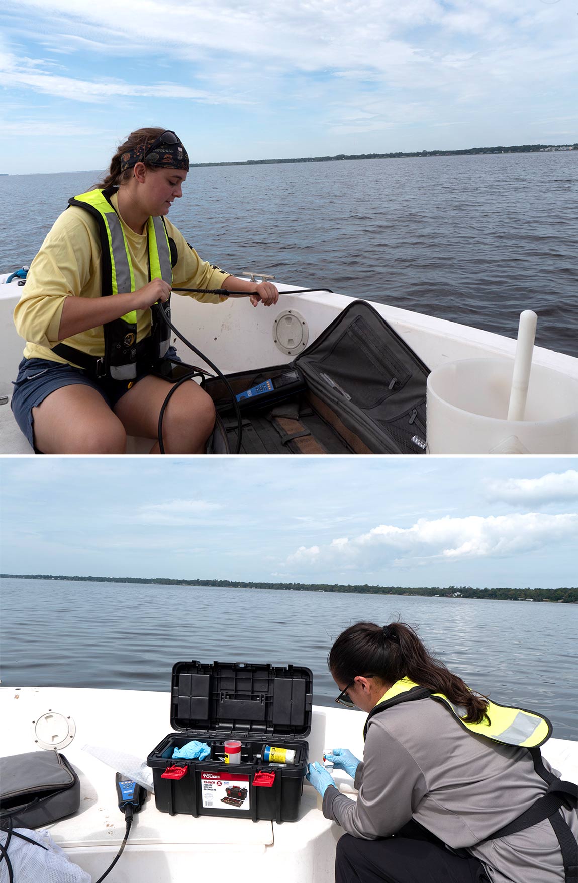 District staff collect samples of water on a boat