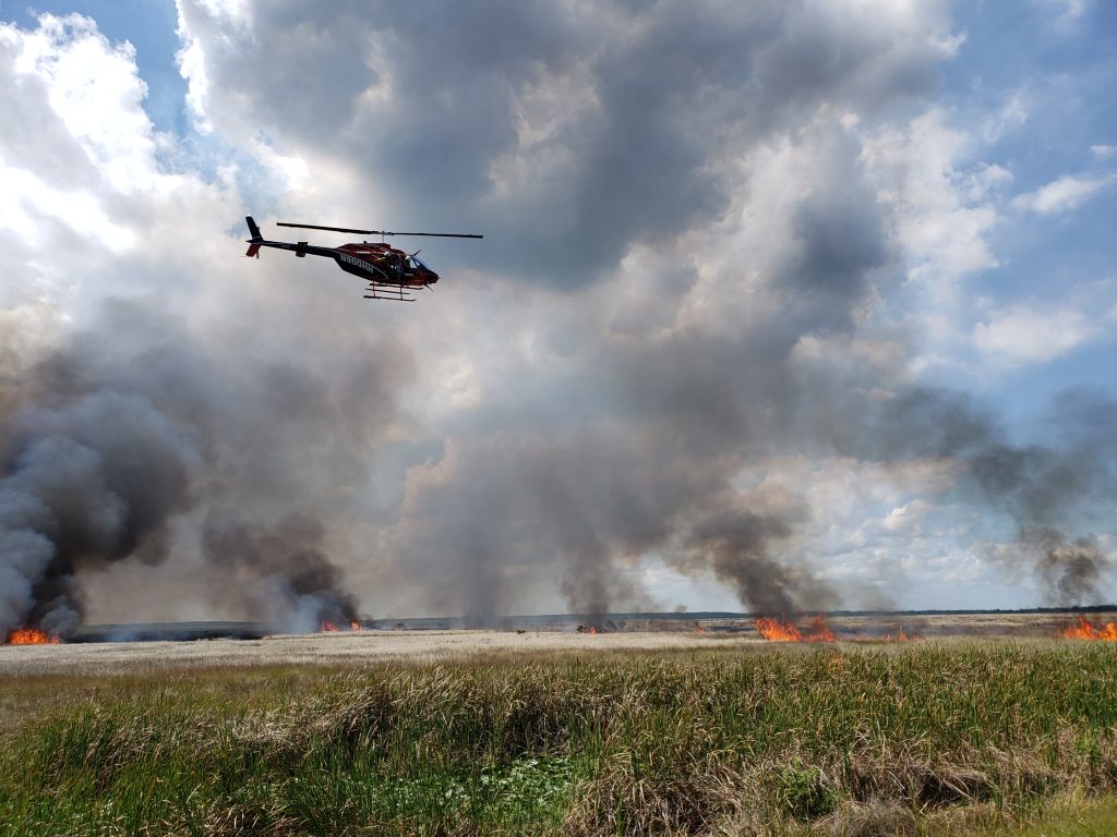 District staff monitor a prescribed fire in a marsh from a helicopter