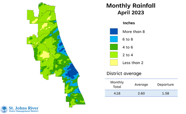Map and table showing rainfall in April 2023