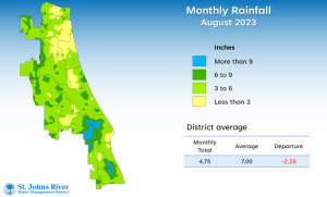 Map and table showing rainfall in August 2023