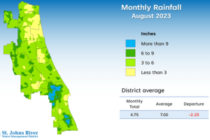 Map and table showing rainfall in August 2023