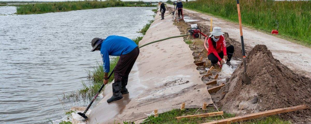 Workers working at a shoreline