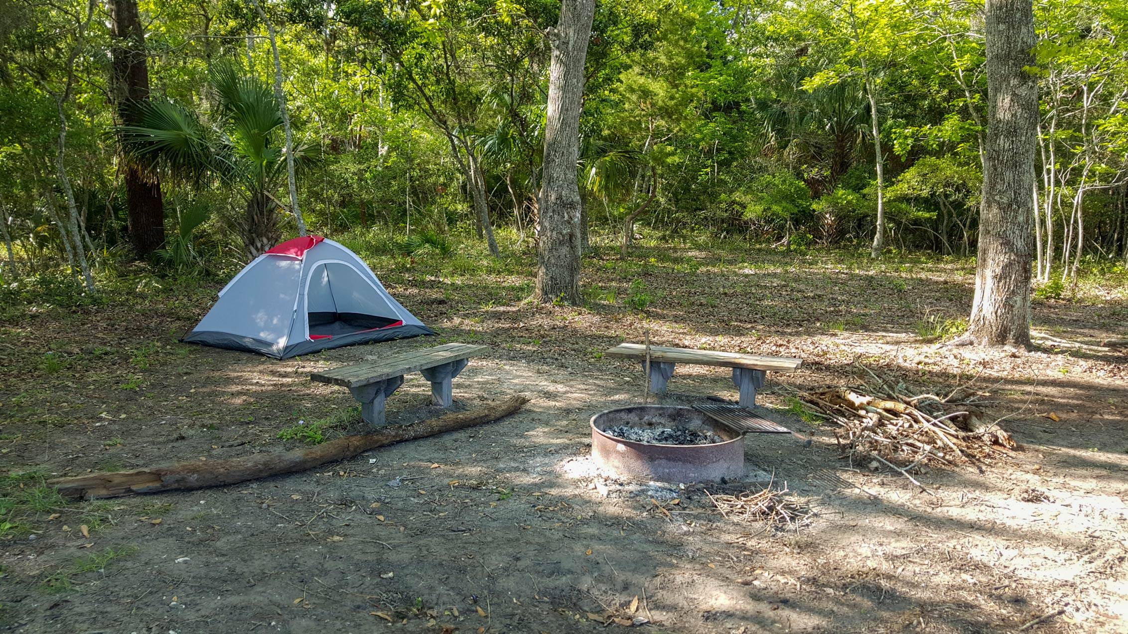 Tent set up at a campsite.