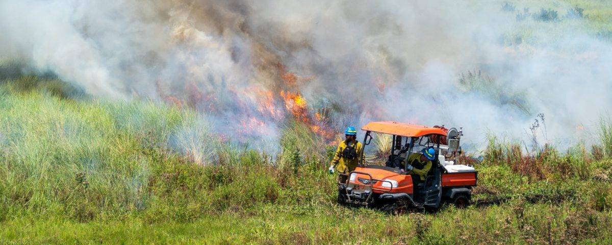 two district employees next to a prescribed fire