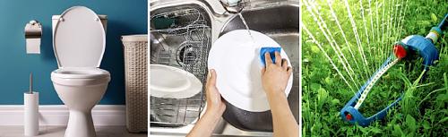 A toilet, a person washing dishes and a lawn being watered