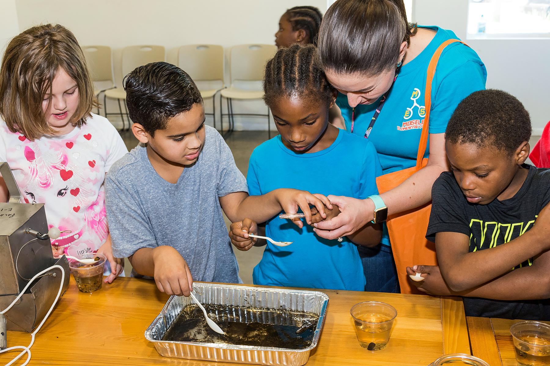 Children looking at macroinvertebrates with an adult