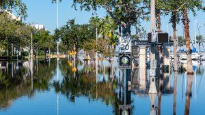 A flooded street with speed limit sign.