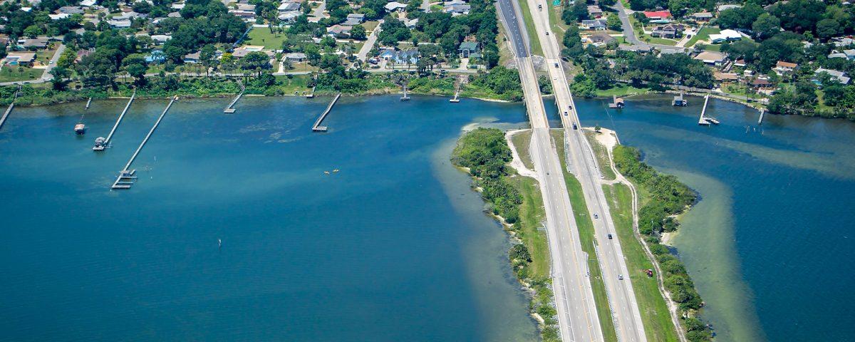 Aerial of a road crossing the Indian River Lagoon