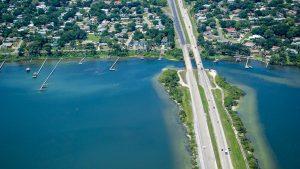 Aerial of a road crossing the Indian River Lagoon