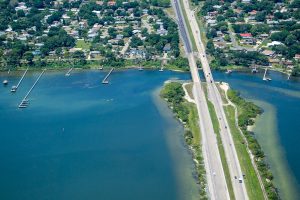 Aerial of a road crossing the Indian River Lagoon