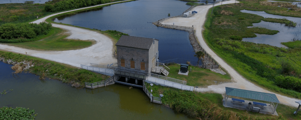 Aerial view historic pump house at Lake Apopka North Shore.