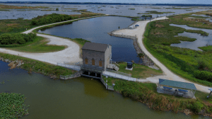 Aerial view historic pump house at Lake Apopka North Shore.