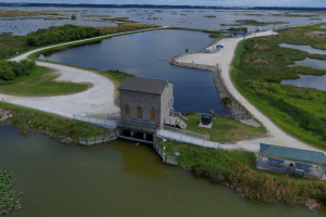 Aerial view historic pump house at Lake Apopka North Shore.