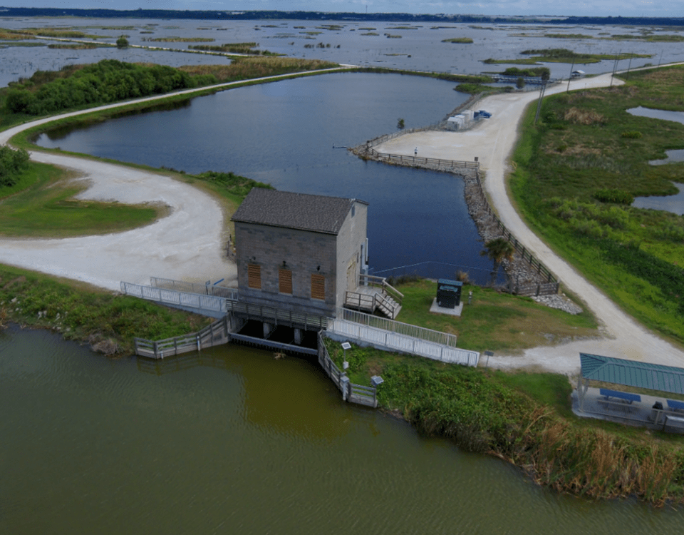 Aerial view historic pump house at Lake Apopka North Shore.