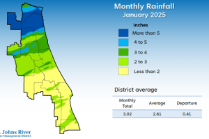 A map illustrates rainfall conditions in January across the St. Johns River Water Management District.