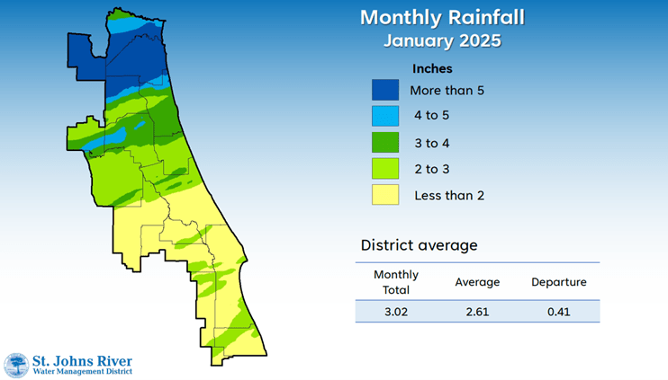 A map illustrates rainfall conditions in January across the St. Johns River Water Management District.