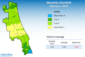 A map illustrates rainfall conditions in February across the St. Johns River Water Management District.
