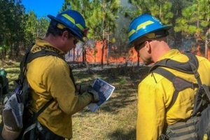 Staff review a map during a controlled burn