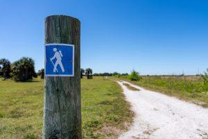 Wooden post with hiking trail sign