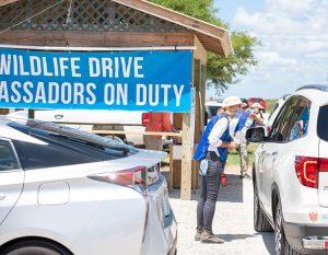 Volunteers assisting traffic on road