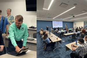 Left: Assistant Executive Director Mary Ellen Winkler speaks with District Emergency Coordinator Officer Chris Kinslow during the Central Florida Coordination Meeting. 
Right: St. Johns River Water Management District brought local and regional representatives together at the recent Central Florida Resilience Coordination meeting.
