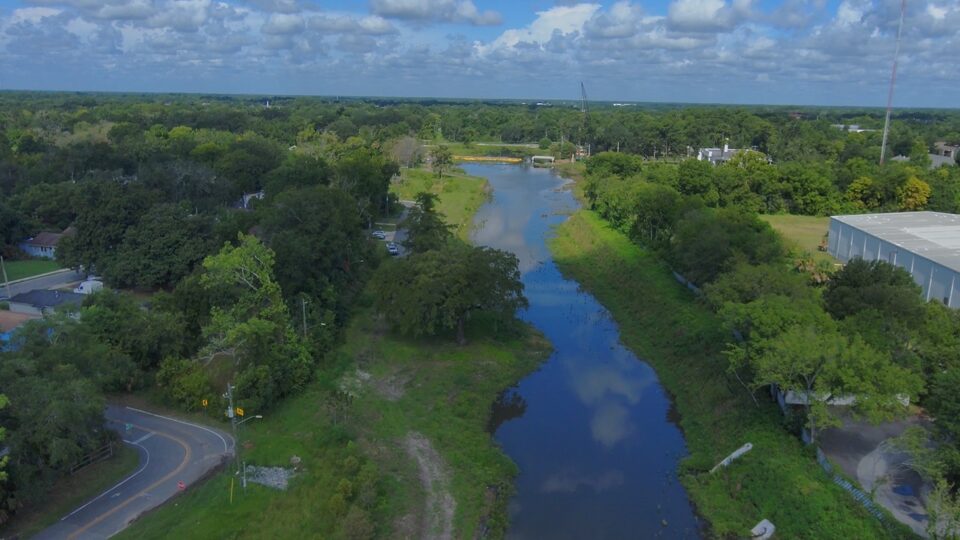 Aerial view of the McCoys Creek restoration project in Jacksonville, Florida. The project, supported by the St. Johns River Water Management District, is transforming the creek and surrounding floodplain to reduce chronic flooding, restore natural systems and enhance resilience in one of the city’s most impacted urban corridors