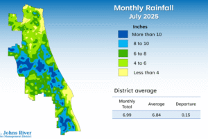 A map illustrates rainfall conditions in July across the St. Johns River Water Management District.
