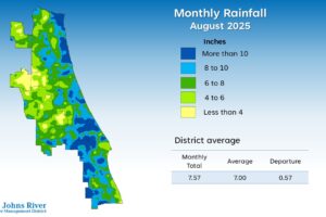 A map illustrates rainfall conditions in August across the St. Johns River Water Management District.