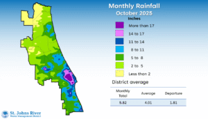 A map illustrates rainfall conditions in October across the St. Johns River Water Management District.