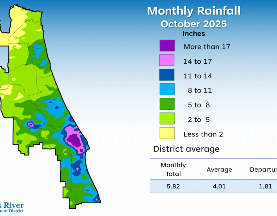 A map illustrates rainfall conditions in October across the St. Johns River Water Management District.