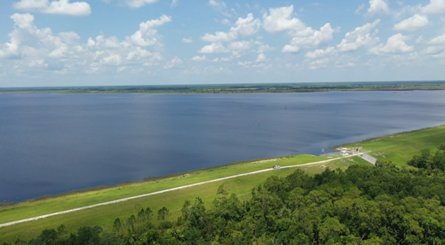 Aerial view of reservoir and levee
