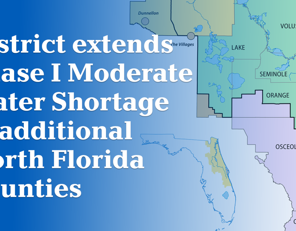 A map graphic announcing the district's extension of a Phase I Moderate Water Shortage to additional North Florida counties, with the affected areas highlighted in green covering Volusia, Seminole, Lake, and Orange counties, and purple covering Osceola county, along with partial views of Brevard, Okeechobee, and surrounding counties within the district boundary.