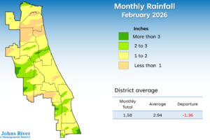 Monthly-rainfall-map-2026-02 A map illustrates rainfall conditions in February across the St. Johns River Water Management District.