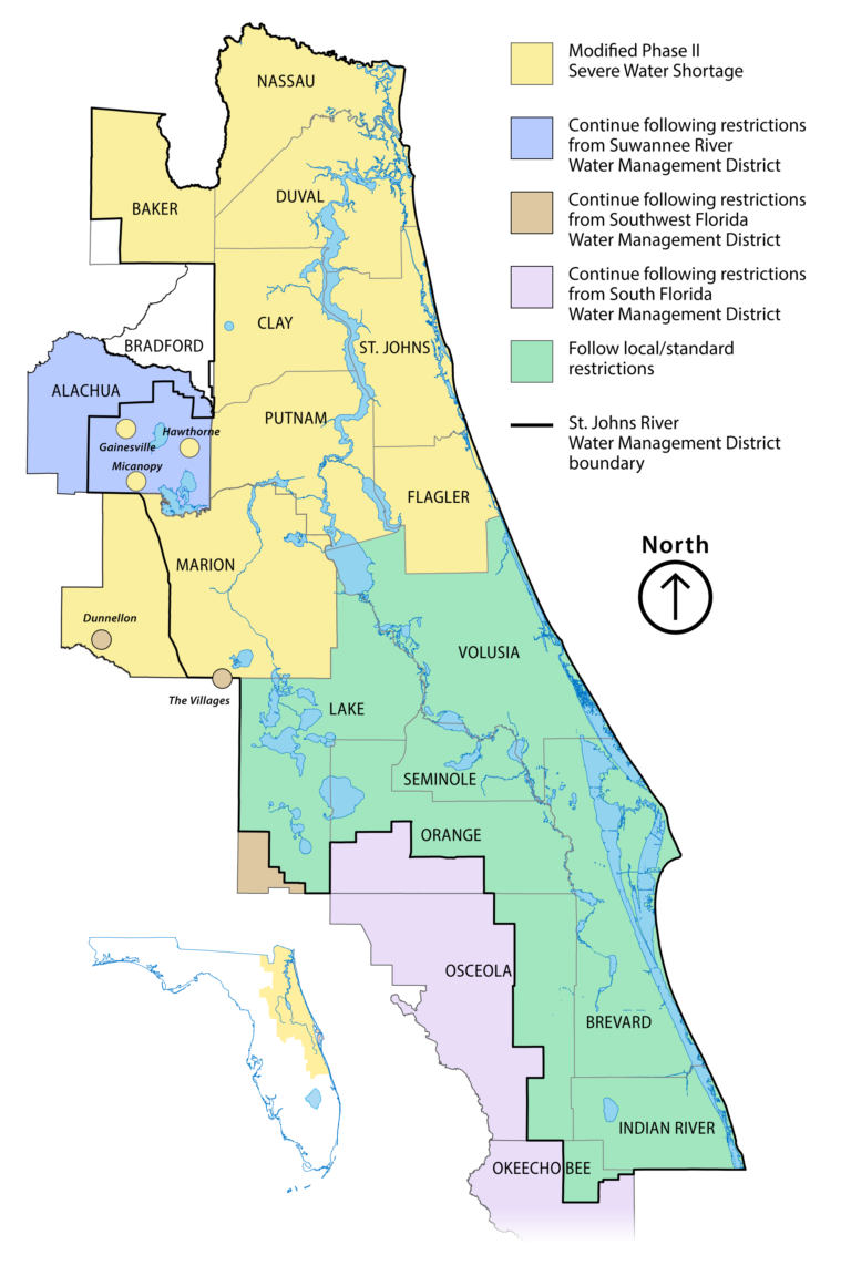 Map showing the Modified Phase II Sever Water Shortage area in the St. Johns River Water Management District