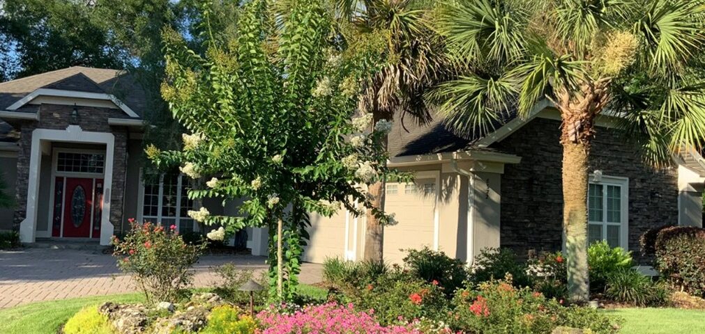 house with floral landscape