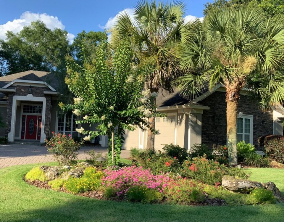 house with floral landscape