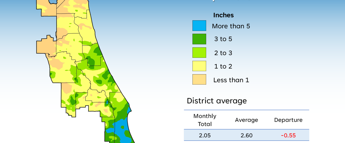 A map illustrates rainfall conditions in April across the St. Johns River Water Management District.