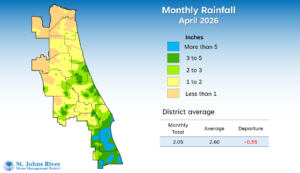 A map illustrates rainfall conditions in April across the St. Johns River Water Management District.