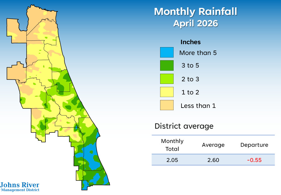 A map illustrates rainfall conditions in April across the St. Johns River Water Management District.