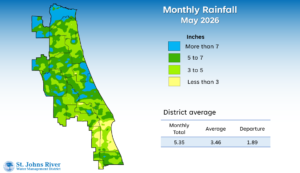 A map illustrates rainfall conditions in May across the St. Johns River Water Management District.