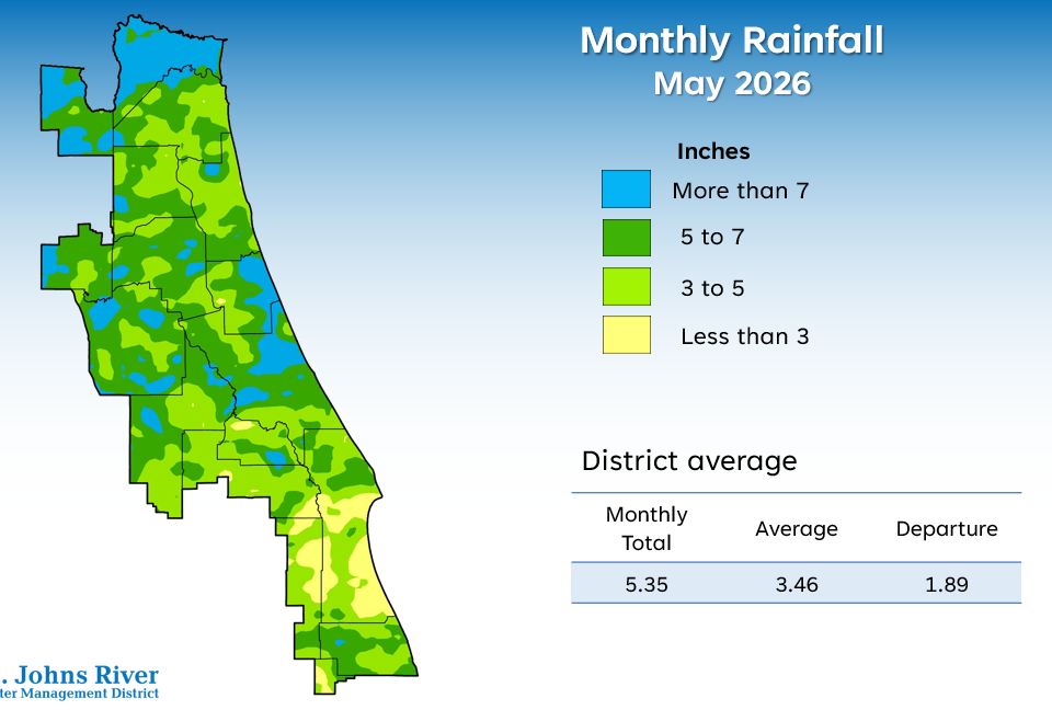 A map illustrates rainfall conditions in May across the St. Johns River Water Management District.