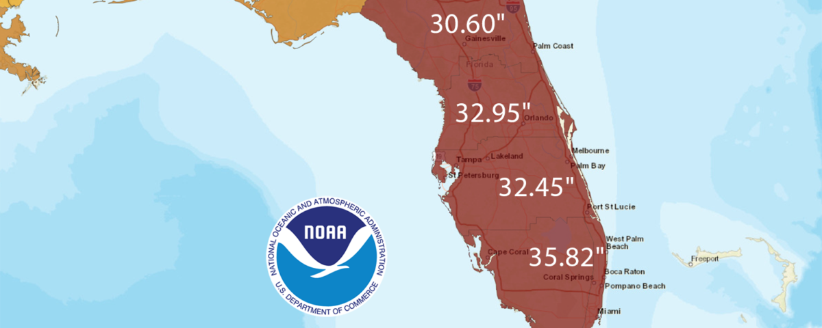 NOAA rainfall map showing estimated storm totals across Florida and the eastern Gulf Coast, with the state shaded in deep red and labeled rainfall amounts from about 30 to 36 inches, plus a color scale bar and NOAA logo indicating extreme precipitation over the peninsula and nearby coastal areas.