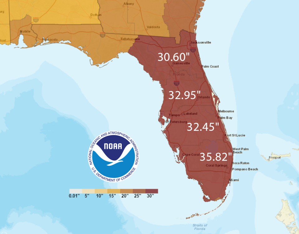 NOAA rainfall map showing estimated storm totals across Florida and the eastern Gulf Coast, with the state shaded in deep red and labeled rainfall amounts from about 30 to 36 inches, plus a color scale bar and NOAA logo indicating extreme precipitation over the peninsula and nearby coastal areas.