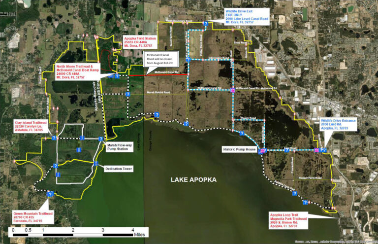 Map of Lake Apopka North Shore with McDonald Canal Road indicated for closure