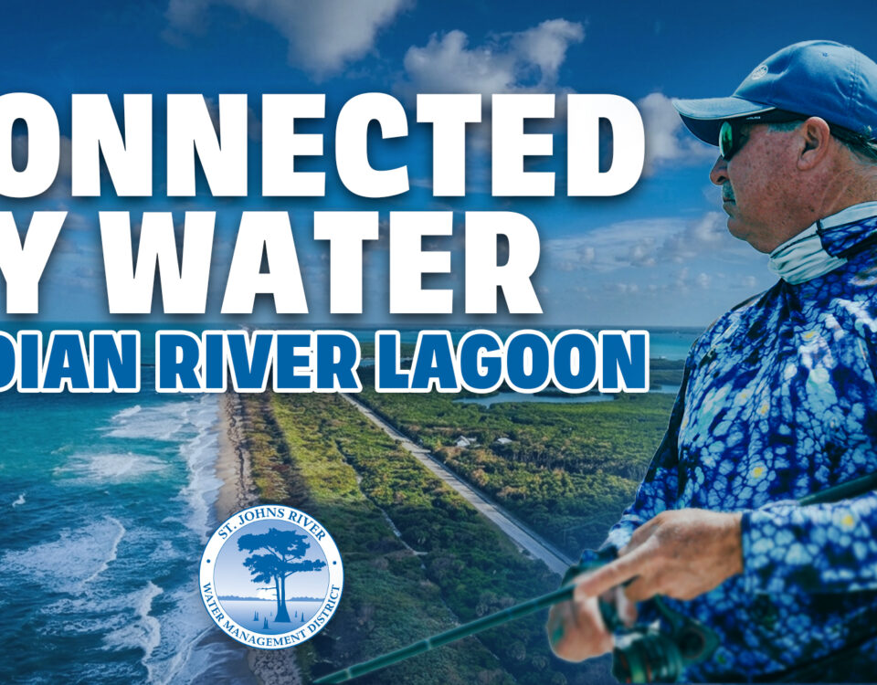 Promotional banner for the St. Johns River Water Management District showing an aerial view of the Indian River Lagoon shoreline and a man in fishing gear, with large text reading ‘Connected by Water – Indian River Lagoon.’