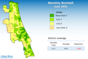 june-rainfall A map illustrates rainfall conditions in June across the St. Johns River Water Management District.